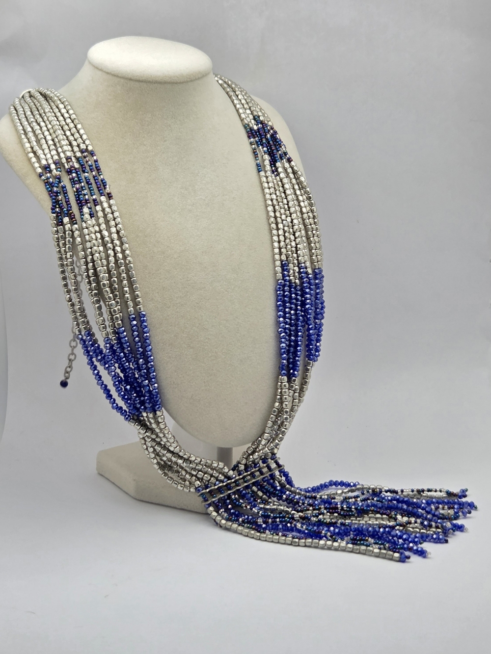 Himalayan Gems India Boho Blue & Silver Multi-Strand Statement Necklace